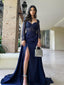 Long-Sleeves Navy Blue A-line Sparkle Satin Long Prom Dresses, FC7033