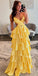 Yellow Spaghetti Straps V-neck A-line Long Prom Dresses, FC7039