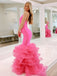 Halter Mermaid Soft Satin Pink Long Organza Dresses, FC7048