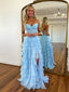 Simple A-line Blue Lace Sweetheart Backless Chiffon Long Prom Dresses, FC7050