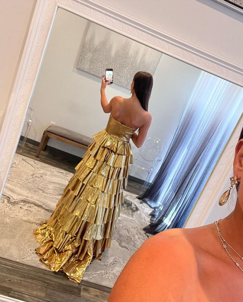 Gorgeous Gold A-line Sweetheart Satin Long Dresses, FC7047