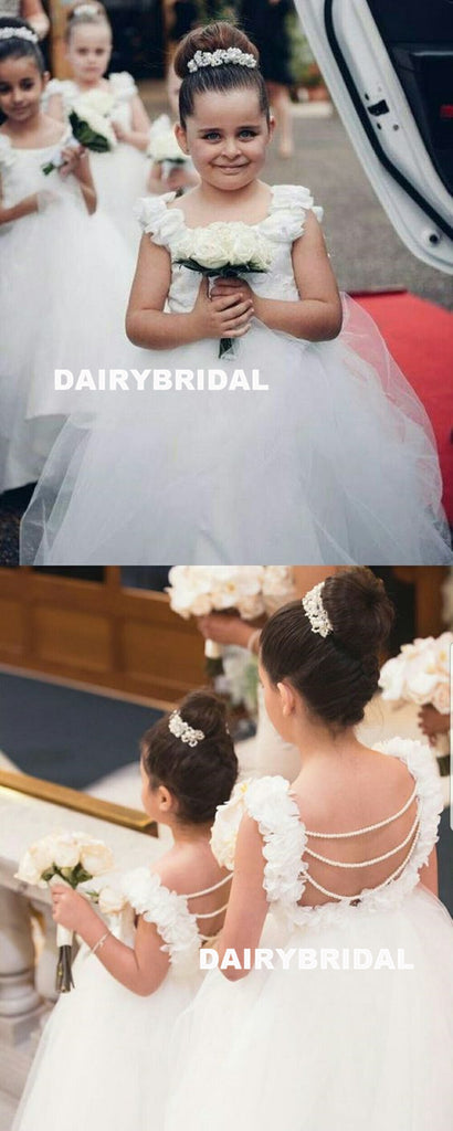 White Backless Applique Flower Girl Dresses, Tulle Lovely Little Girl Dresses, D1197