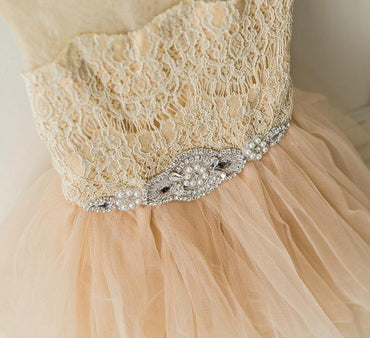 Illusion Lace Top Tulle Flower Girl Dresses, Popular Little Girl Dresses with rhinestone Belt, FG033