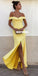 Off Shoulder Yellow Jersey Slit Backless Simple Prom Dresses, FC2432