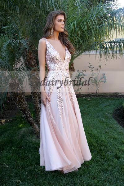 Sexy Deep V-Neck Prom Dress, Sleeveless Tulle Sequin V-Back Prom Dress, D256