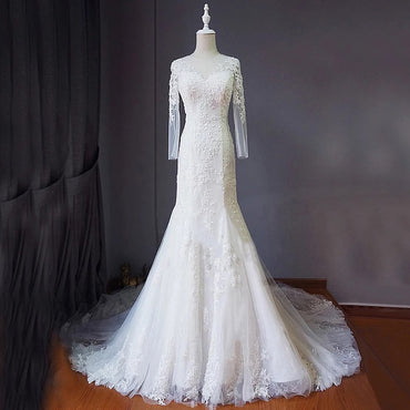 Long Wedding Dress, Applique Wedding Dress, Tulle Bridal Dress, Long Sleeve Wedding Dress, Lace Wedding Dress, Wedding Dress with Train, Backless Wedding Dress, LB0390