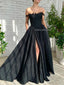 Black Off Shoulder Lace A-line Satin Backless Prom Dresses, FC6519