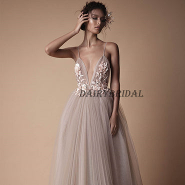 Spaghetti Straps Prom Dress, Deep V-Neck Prom Dress, Tulle Prom Dress, A-Line Prom Dress, Sexy Prom Dress, Applique Prom Dress, D06