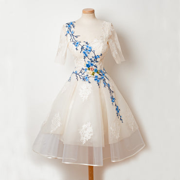 Organza A-Line Tulle Homecoming Dress, Short Sleeve Applique Homecoming Dress, D1317