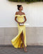 Off Shoulder Yellow Jersey Slit Backless Simple Prom Dresses, FC2432