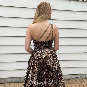 A-line One Shoulder Backless Beaded Slit Leopard Print Unique Prom Dresses, FC4562